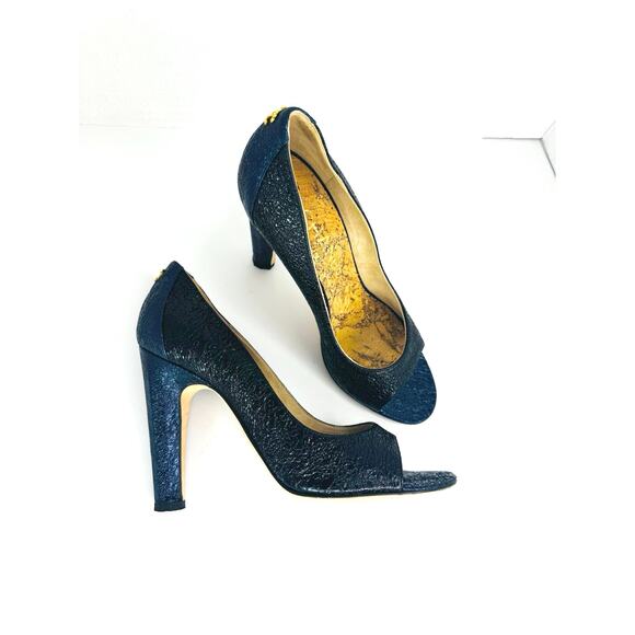 Chanel 2012 CC logo pump Metallic navy Blue Peep toe Embossed Pumps heels EU 36 - Picture 9 of 9